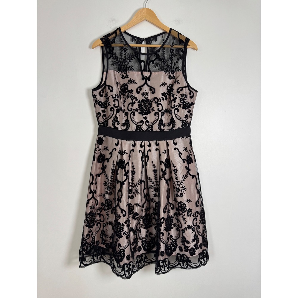 Gothic Romantic Roz & Ali Womens 12 Fit‎ & Flare Dress Pink Black Velvet Flocked